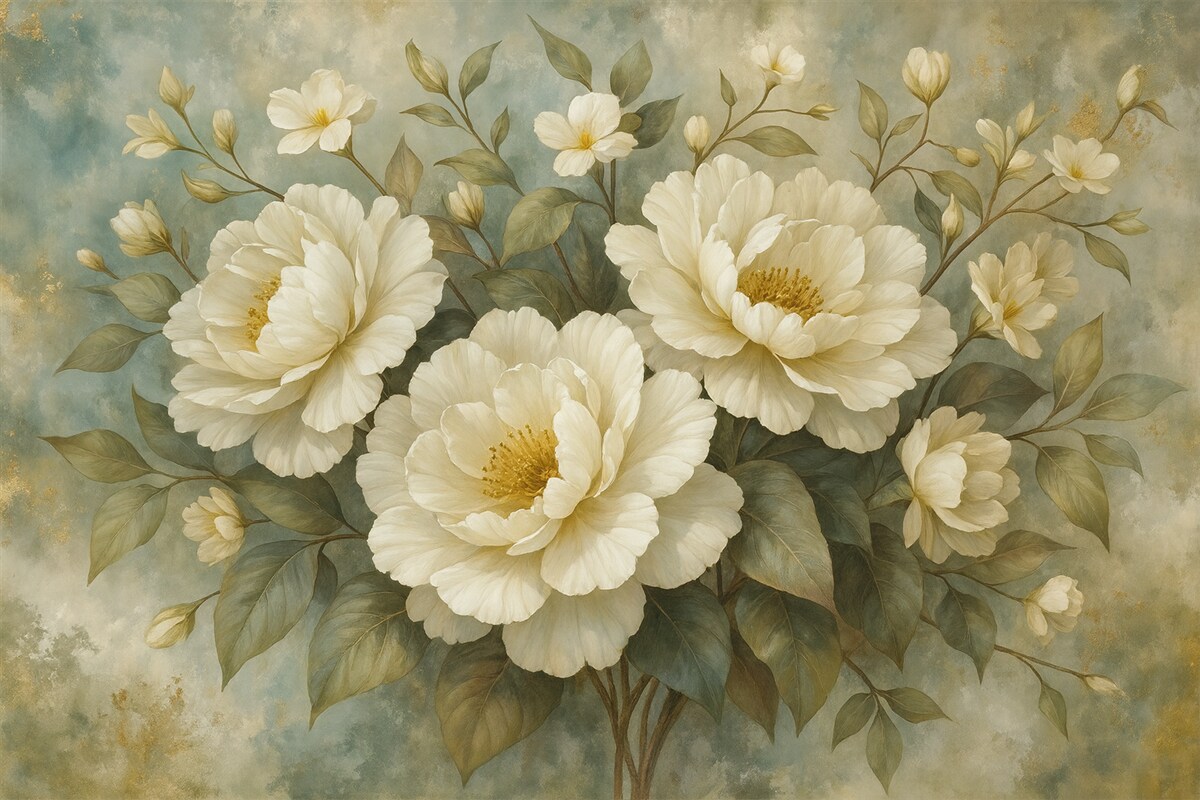 Fototapeta Spore, białe, szczegółowe kwiaty piwonii z zielonymi liśćmi na miękkim, fakturowanym turkusowym tle.