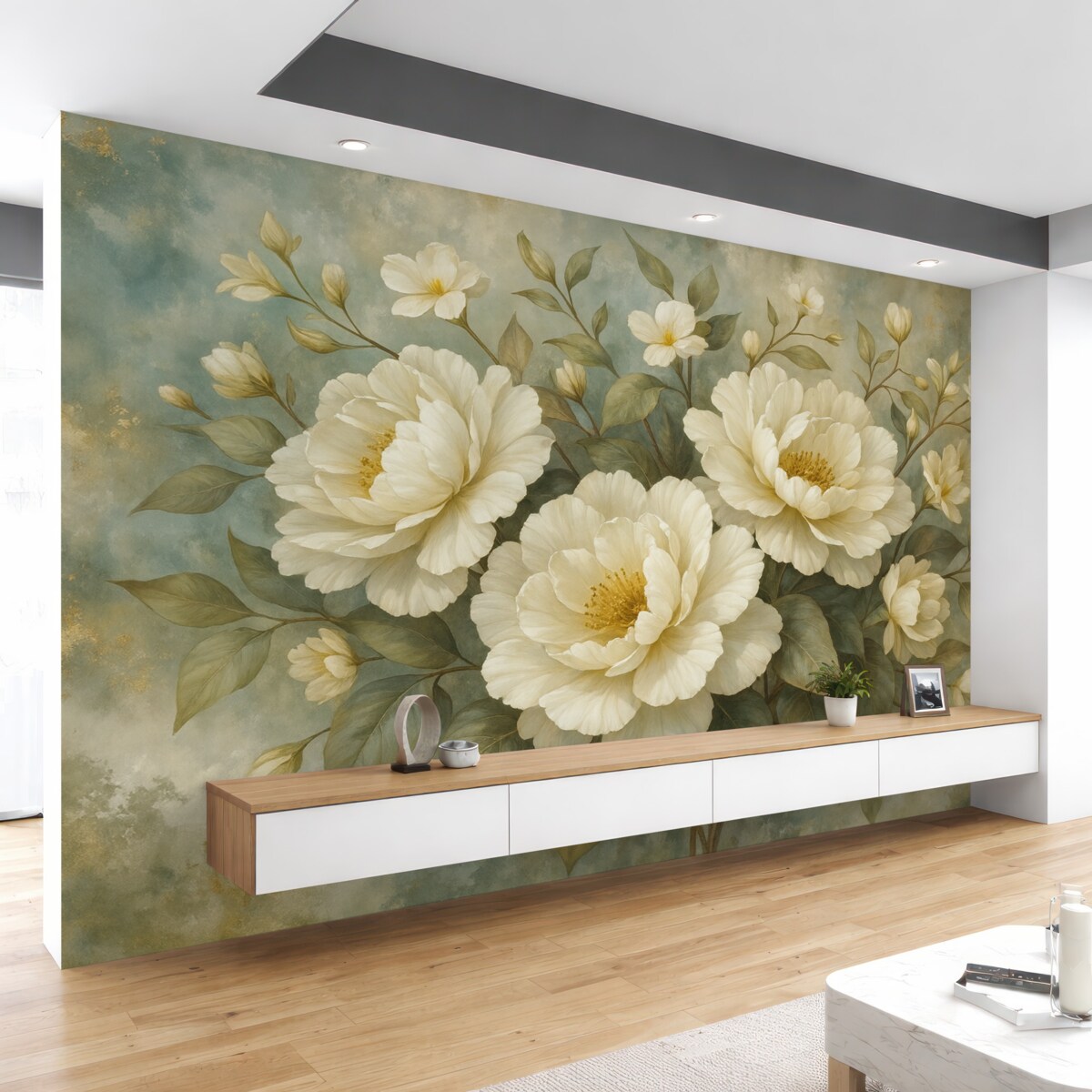 Fototapeta Spore, białe, szczegółowe kwiaty piwonii z zielonymi liśćmi na miękkim, fakturowanym turkusowym tle.