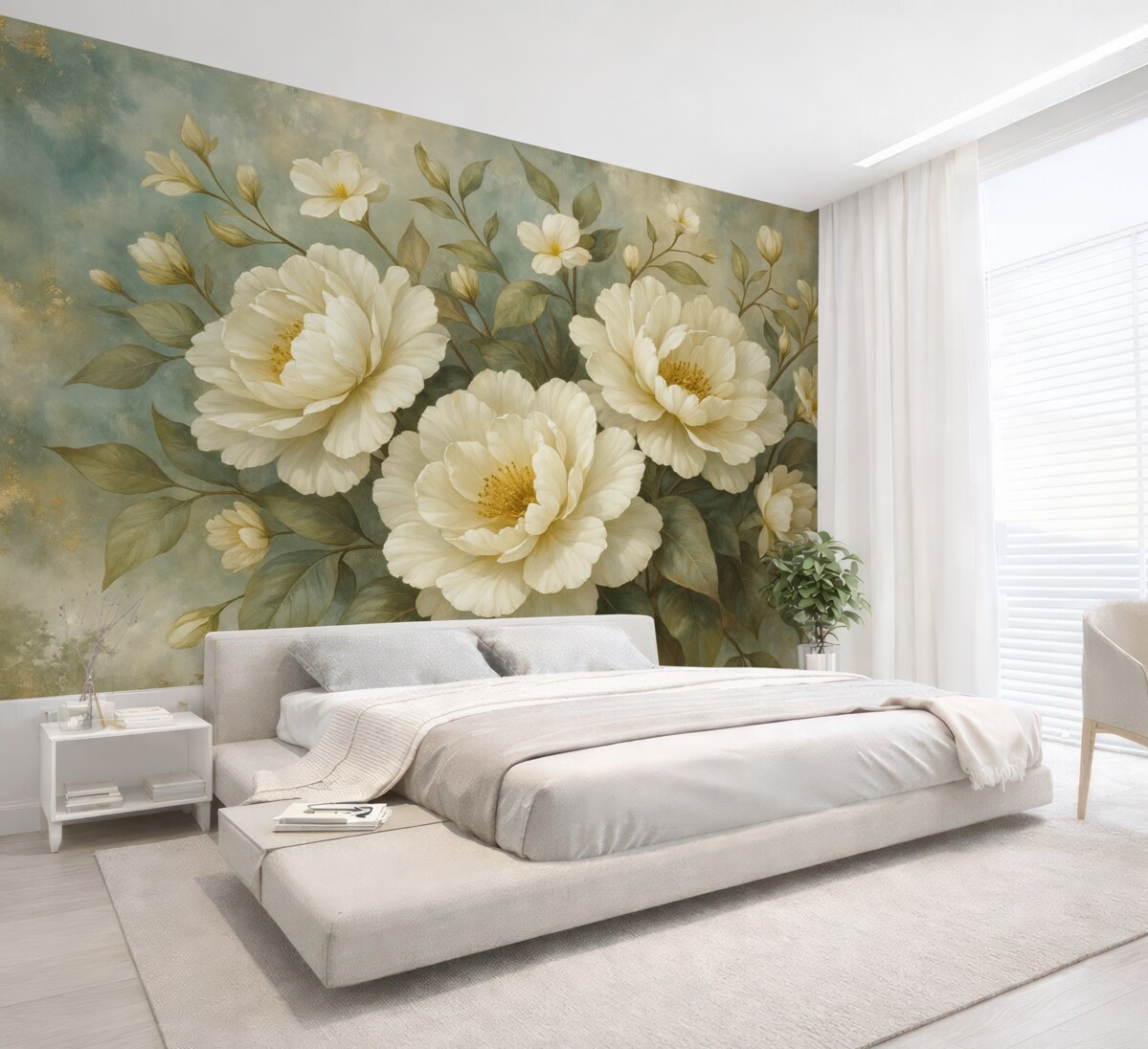 Fototapeta Spore, białe, szczegółowe kwiaty piwonii z zielonymi liśćmi na miękkim, fakturowanym turkusowym tle.