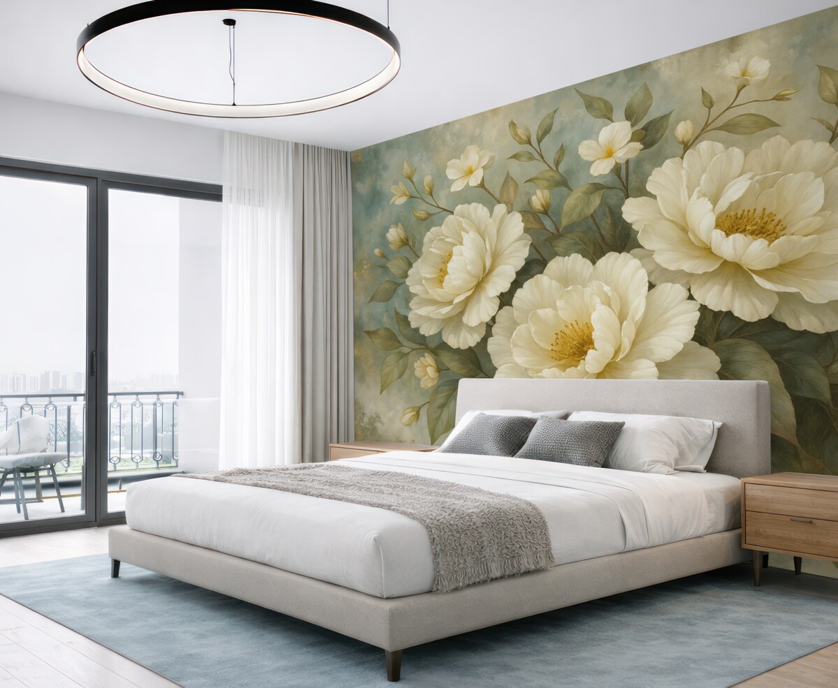 Fototapeta Spore, białe, szczegółowe kwiaty piwonii z zielonymi liśćmi na miękkim, fakturowanym turkusowym tle.