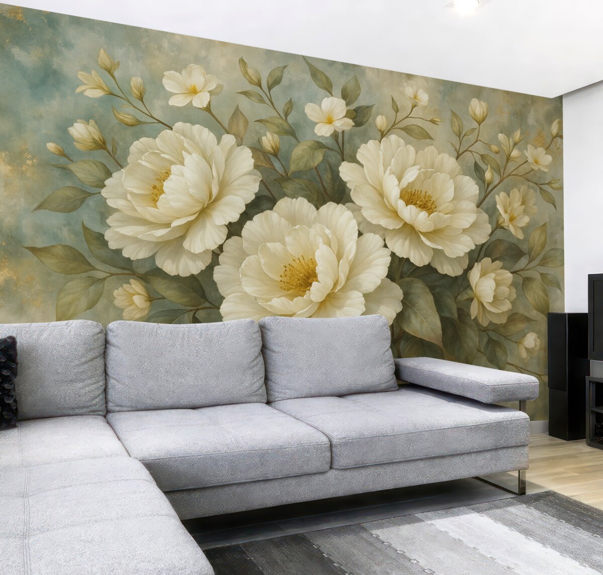 Fototapeta Spore, białe, szczegółowe kwiaty piwonii z zielonymi liśćmi na miękkim, fakturowanym turkusowym tle.