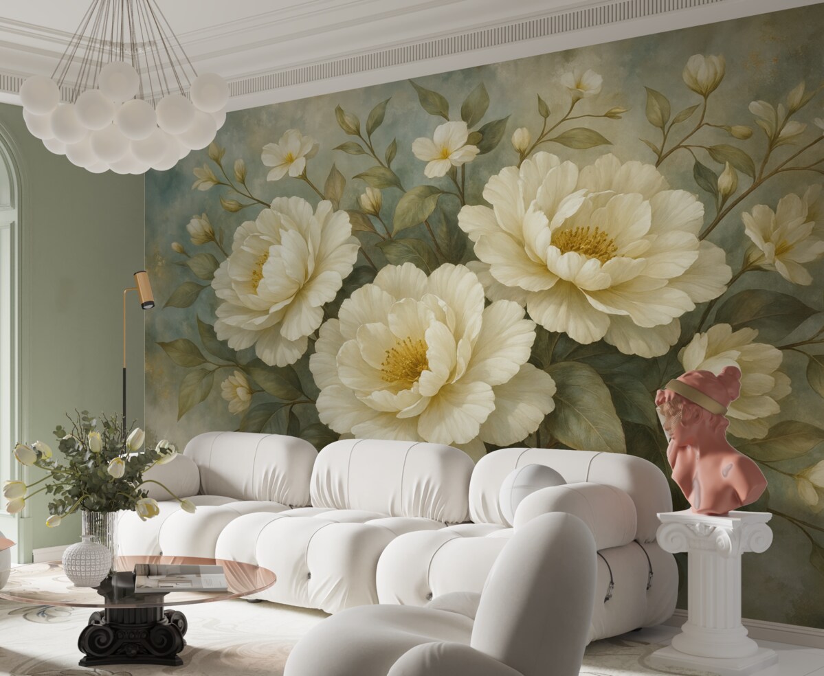 Fototapeta Spore, białe, szczegółowe kwiaty piwonii z zielonymi liśćmi na miękkim, fakturowanym turkusowym tle.