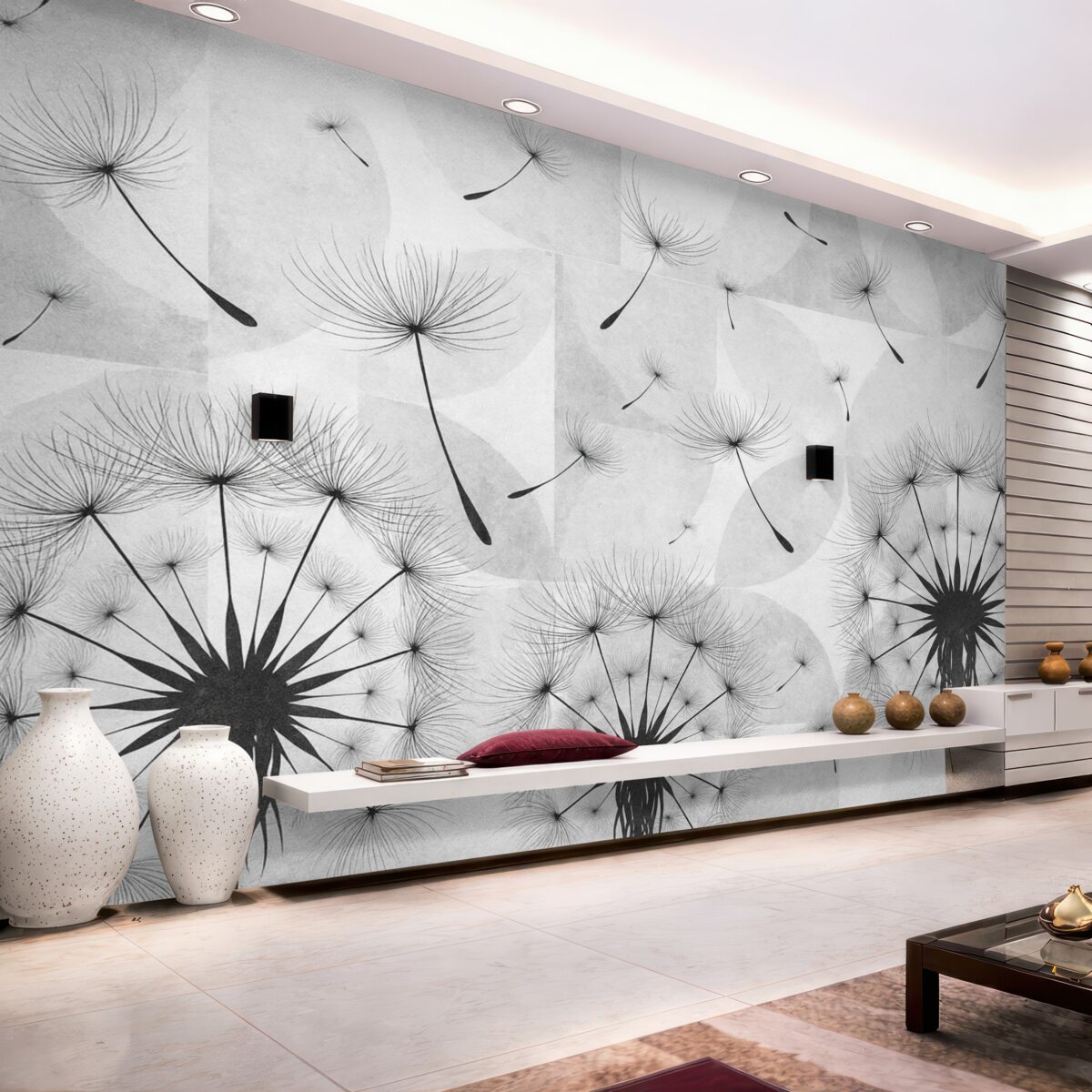 Fototapeta Kwiaty mniszka lekarskiego w kolorze czarno-białym z puszystymi główkami nasion na jasnoszarym i białym tle o fakturze.