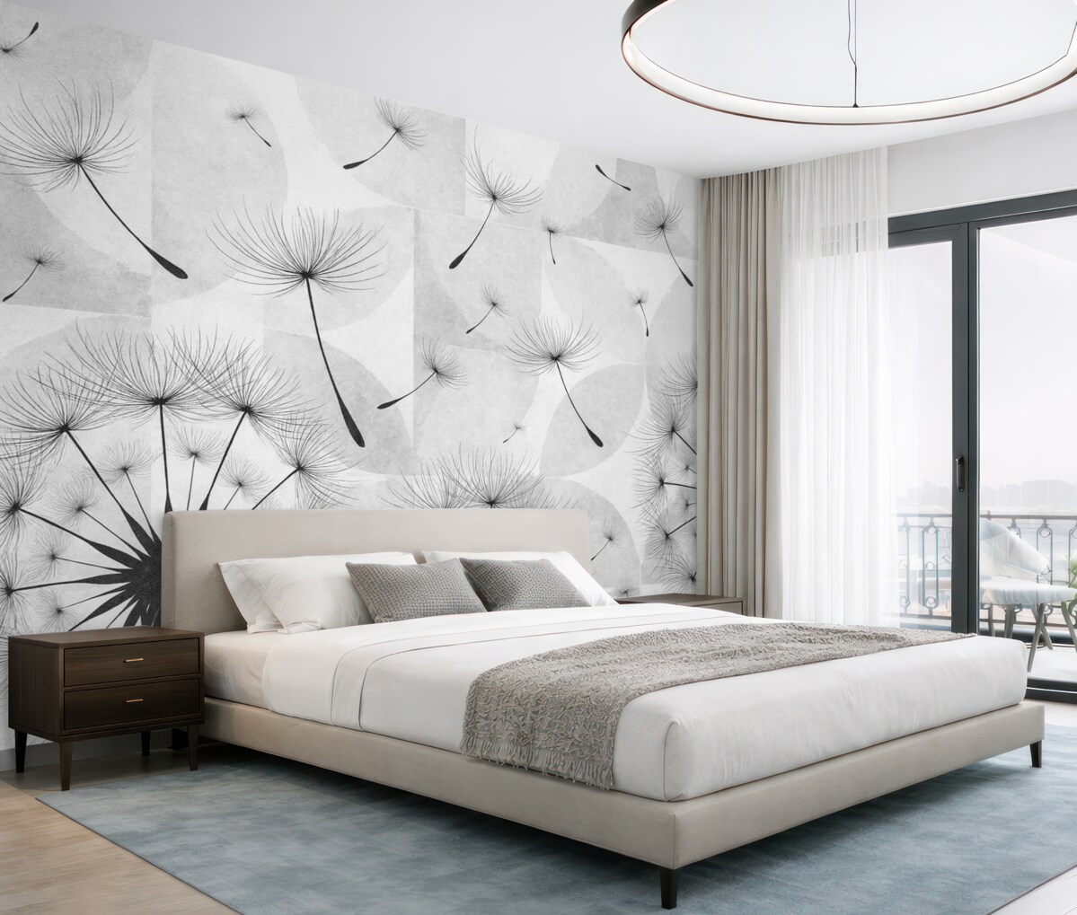 Fototapeta Kwiaty mniszka lekarskiego w kolorze czarno-białym z puszystymi główkami nasion na jasnoszarym i białym tle o fakturze.