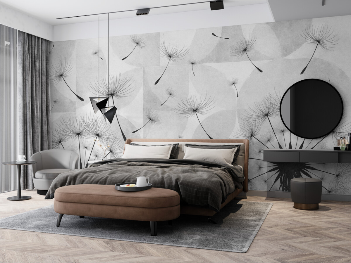 Fototapeta Kwiaty mniszka lekarskiego w kolorze czarno-białym z puszystymi główkami nasion na jasnoszarym i białym tle o fakturze.