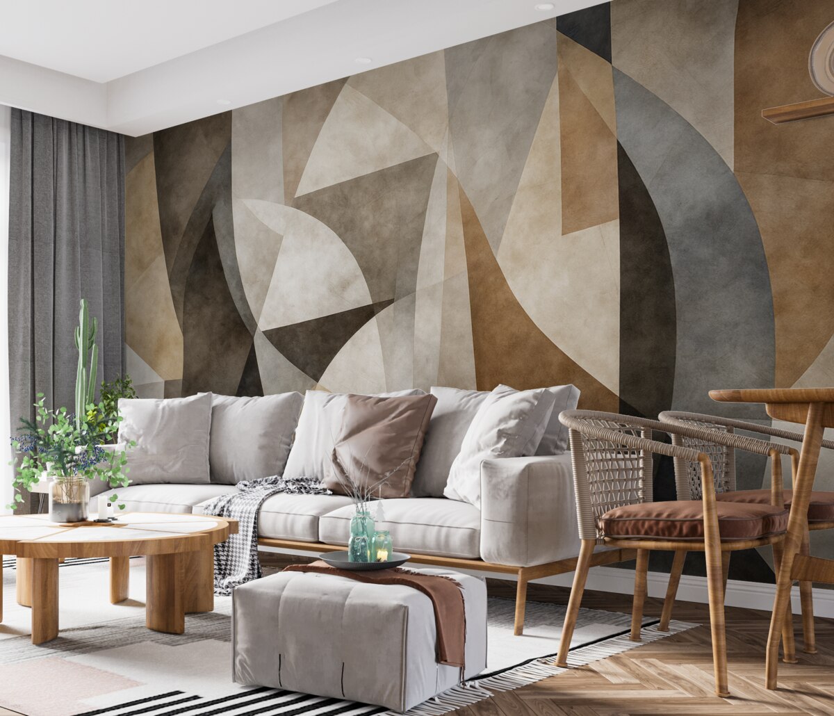Fototapeta Abstrakcyjna sztuka współczesna, teksturowane geometrystyczne formy w odcieniach brązu, szarości i beżu.