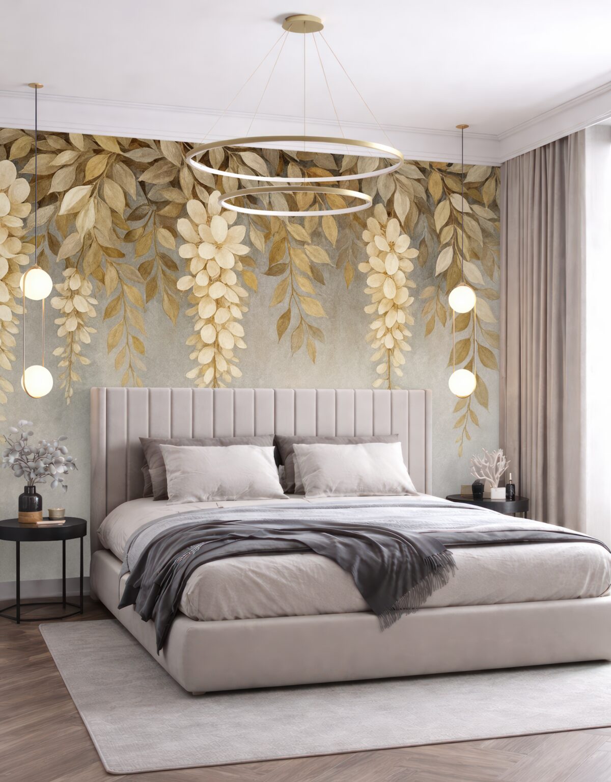 Fototapeta Kruche białe oraz jasnobeżowe kwiaty glicynii z liśćmi opadającymi kaskadowo w dół na delikatnym szarym tle.