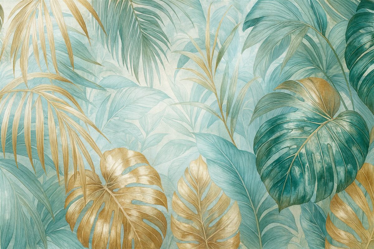 Fototapeta Tropikalny abstrakcyjny wzór kwiatowy z dużymi liśćmi palmowymi w tonacjach niebieskiego i beżu wytwarza lush atmosferę.