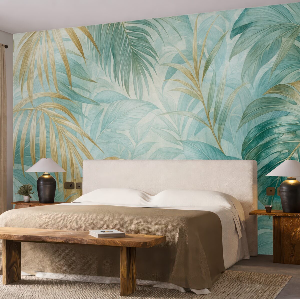 Fototapeta Tropikalny abstrakcyjny wzór kwiatowy z dużymi liśćmi palmowymi w tonacjach niebieskiego i beżu wytwarza lush atmosferę.