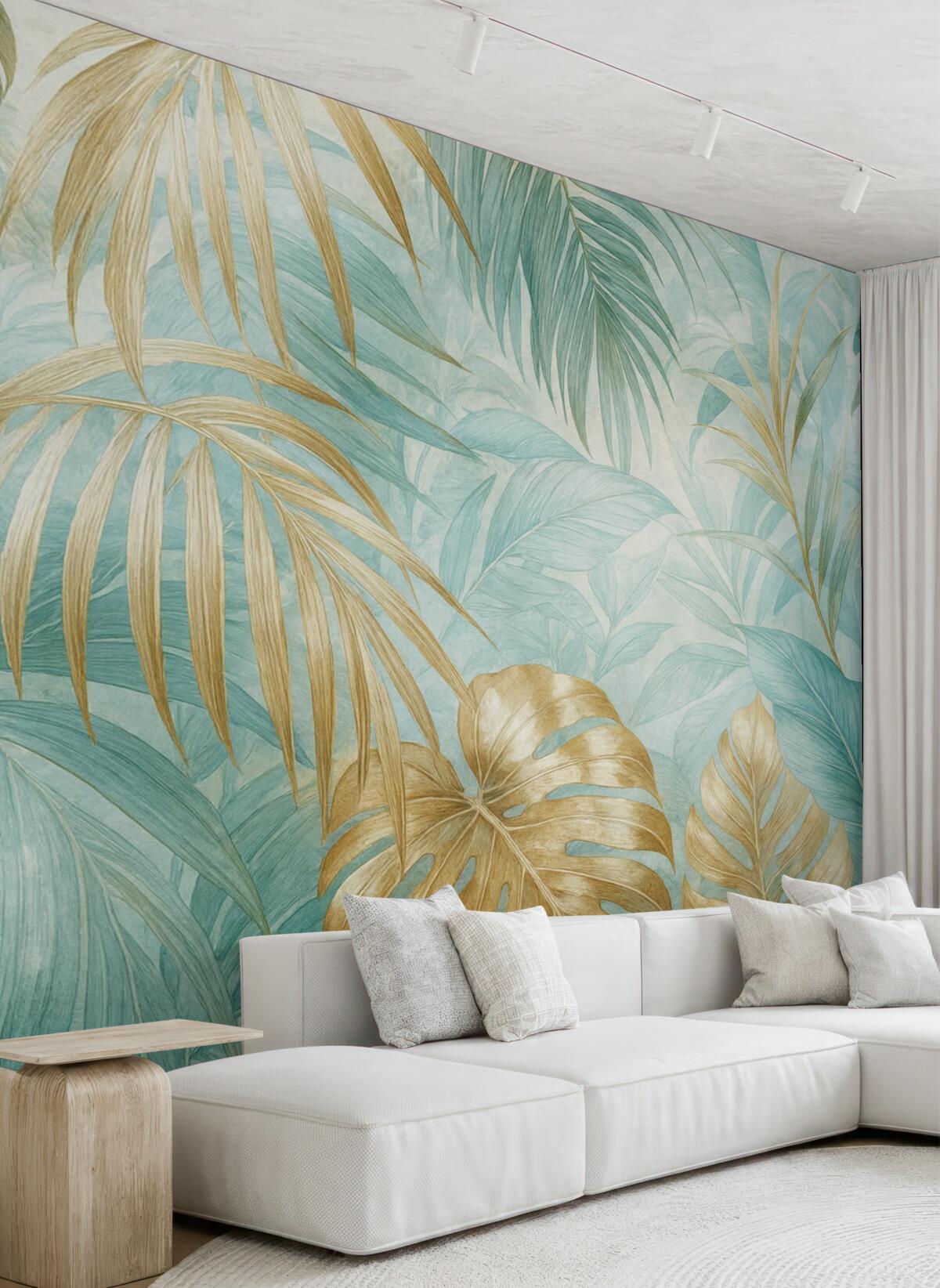 Fototapeta Tropikalny abstrakcyjny wzór kwiatowy z dużymi liśćmi palmowymi w tonacjach niebieskiego i beżu wytwarza lush atmosferę.