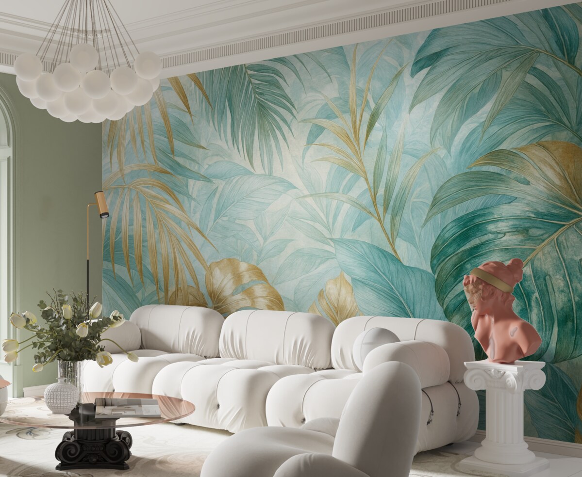 Fototapeta Tropikalny abstrakcyjny wzór kwiatowy z dużymi liśćmi palmowymi w tonacjach niebieskiego i beżu wytwarza lush atmosferę.