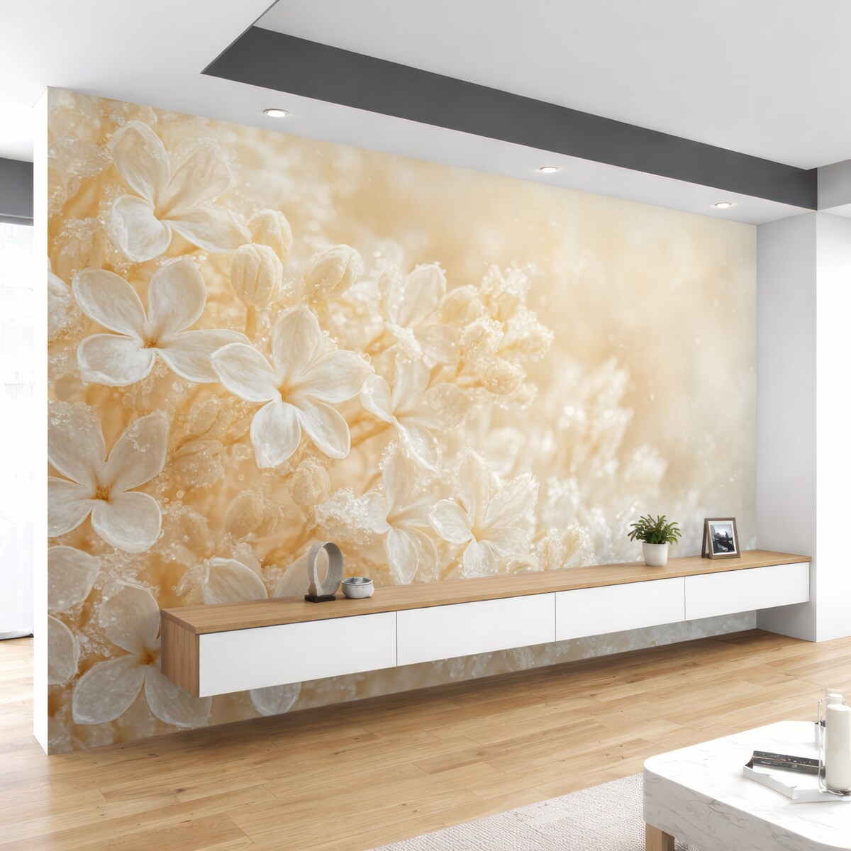 Fototapeta Subtelne białe kwiaty bzu na delikatnym, żółtym rozmytym tle.