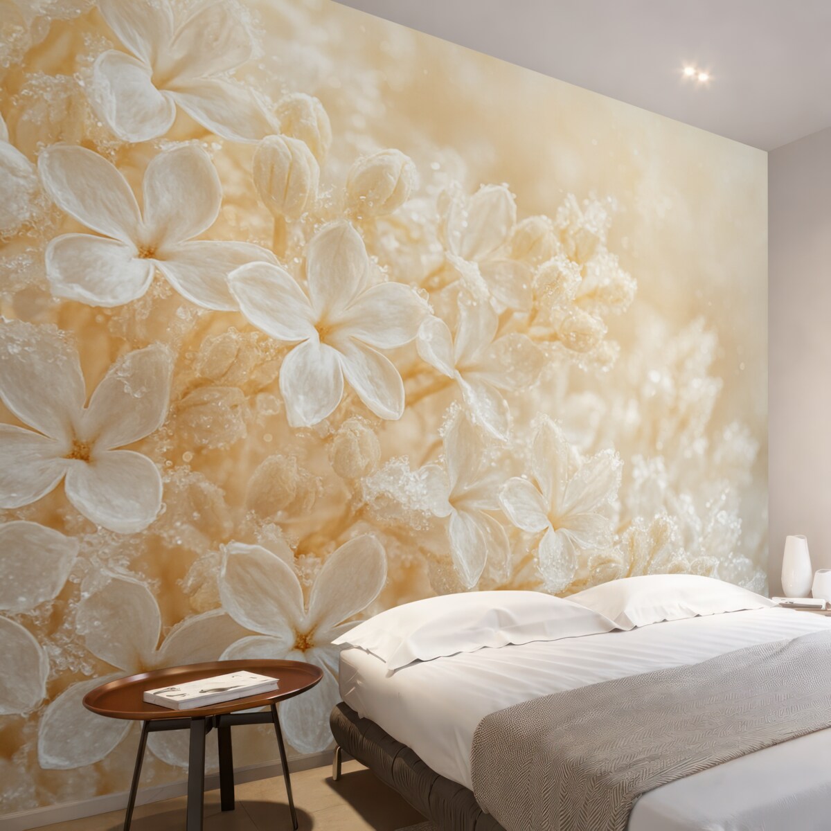 Fototapeta Subtelne białe kwiaty bzu na delikatnym, żółtym rozmytym tle.