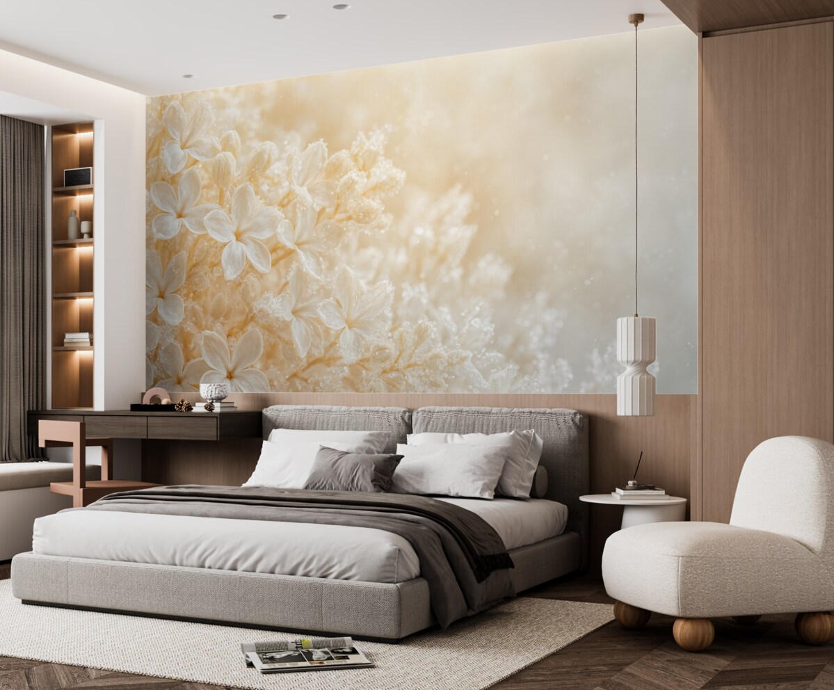 Fototapeta Subtelne białe kwiaty bzu na delikatnym, żółtym rozmytym tle.