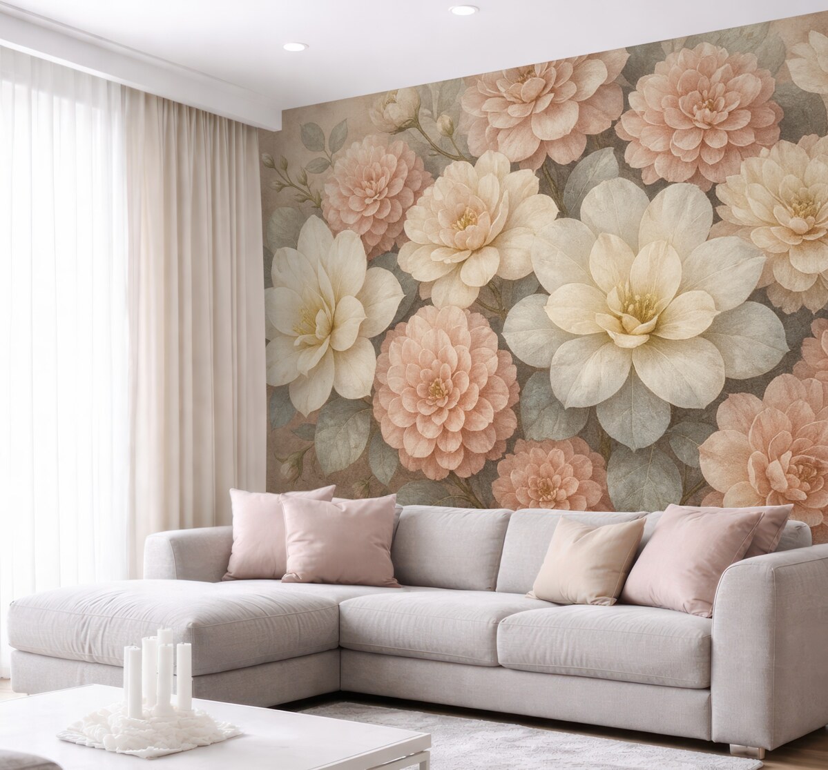 Fototapeta Delikatny, fakturowany nadruk z brzoskwiniowymi i białymi kwiatami piwonii oraz zielonymi liśćmi na jasnobeżowym tle.