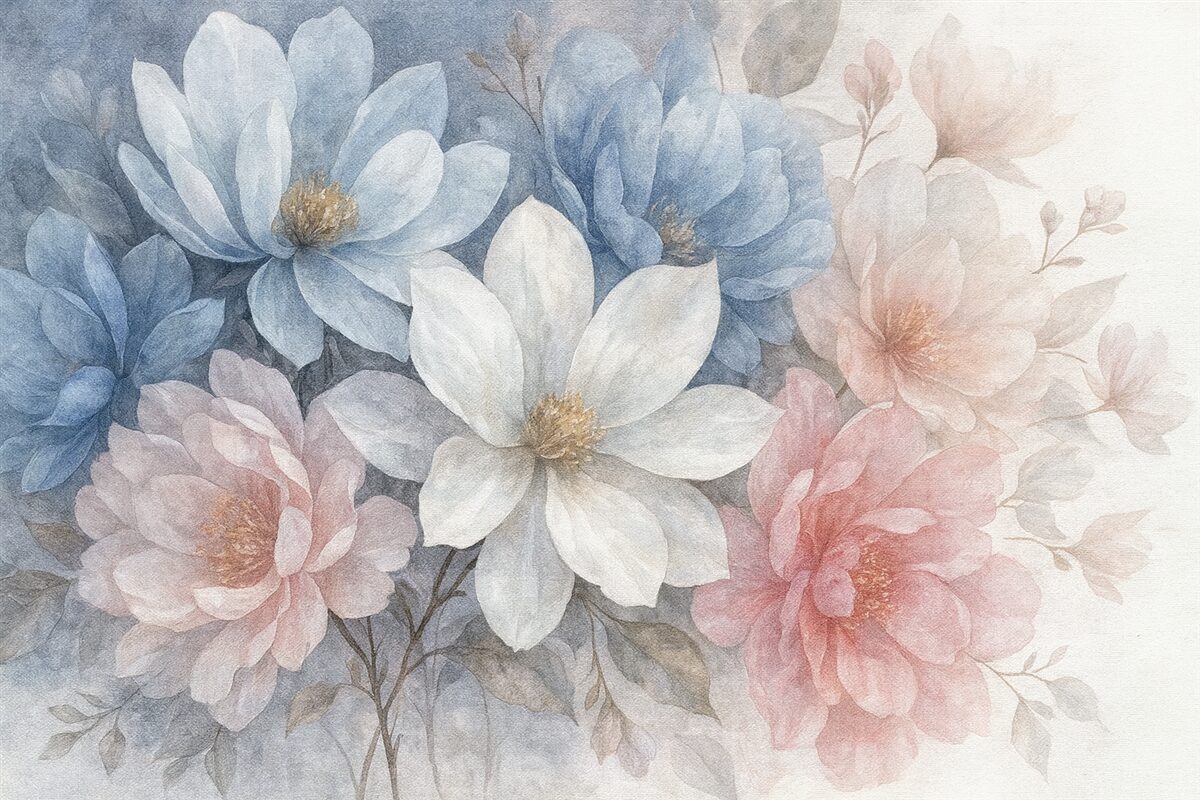 Fototapeta Miękka, pastelowa, teksturowana aranżacja kwiatowa z dużymi, subtelnymi kwiatami w tonacjach różu, błękitu i bieli.