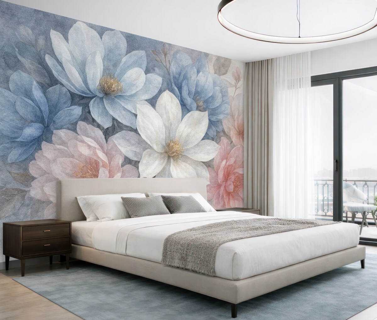 Fototapeta Miękka, pastelowa, teksturowana aranżacja kwiatowa z dużymi, subtelnymi kwiatami w tonacjach różu, błękitu i bieli.