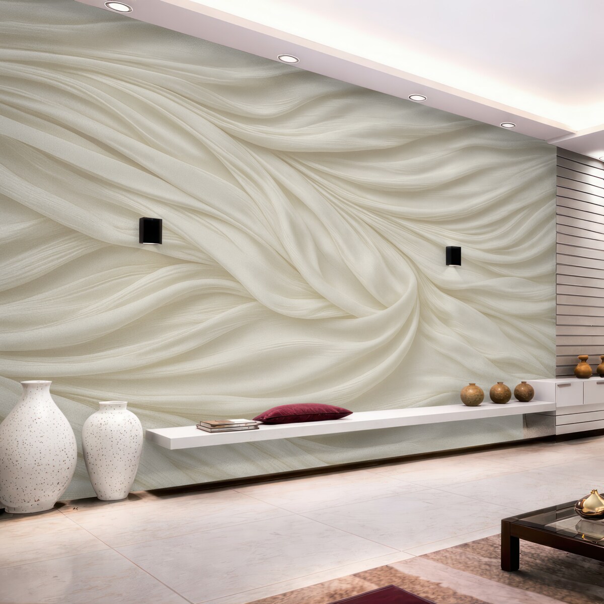 Fototapeta Nowoczesny nadruk naśladujący gładką, lejącą się białą tkaninę z delikatnymi, powiewającymi fałdami oraz zagnieceniami.