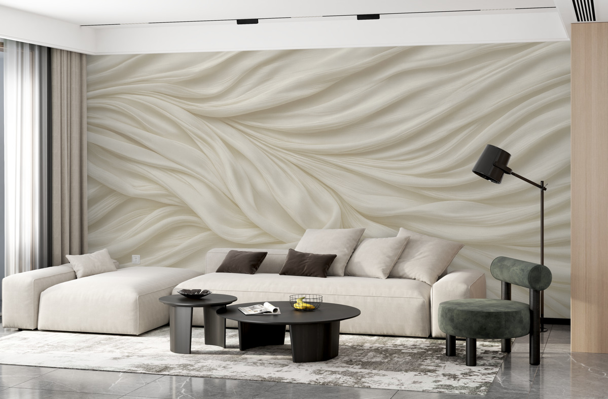 Fototapeta Nowoczesny nadruk naśladujący gładką, lejącą się białą tkaninę z delikatnymi, powiewającymi fałdami oraz zagnieceniami.