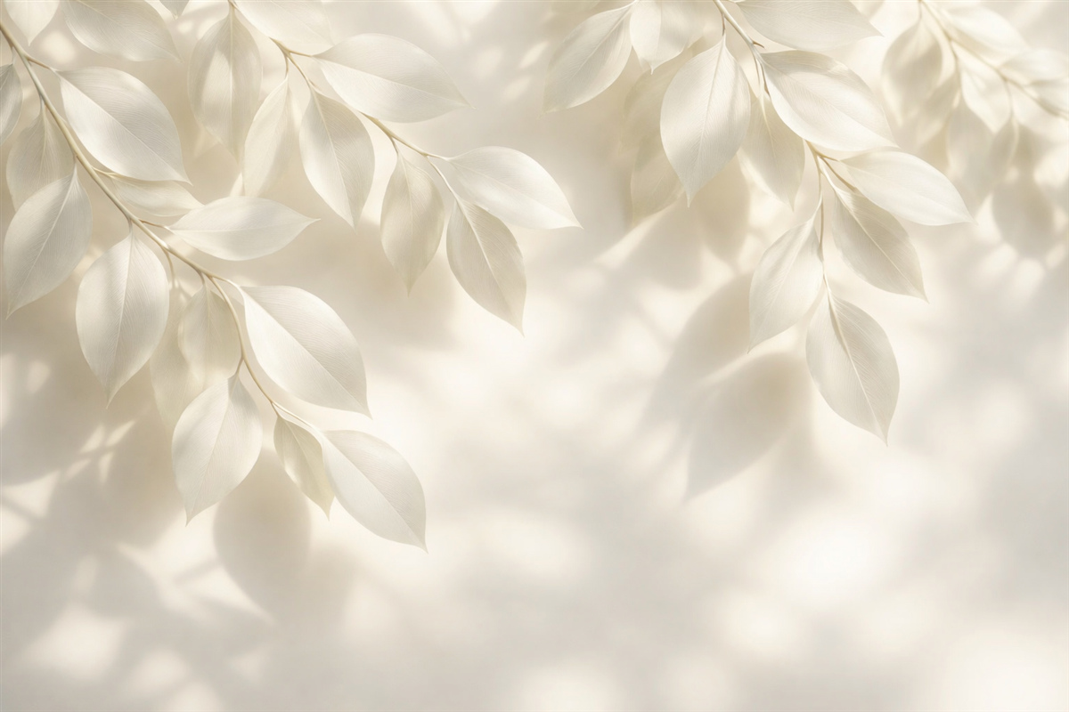 Fototapeta Zawieszone białe konary z liśćmi na ścianie z promieniami słońca.