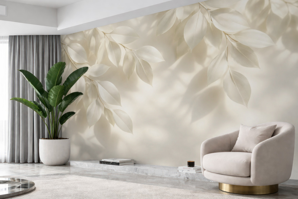 Fototapeta Zawieszone białe konary z liśćmi na ścianie z promieniami słońca.