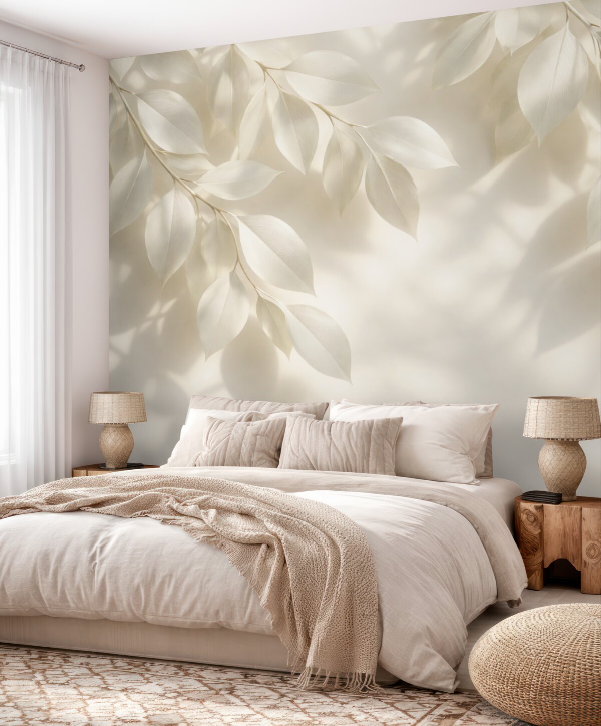 Fototapeta Zawieszone białe konary z liśćmi na ścianie z promieniami słońca.