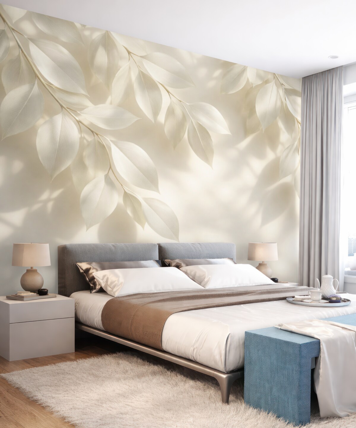 Fototapeta Zawieszone białe konary z liśćmi na ścianie z promieniami słońca.