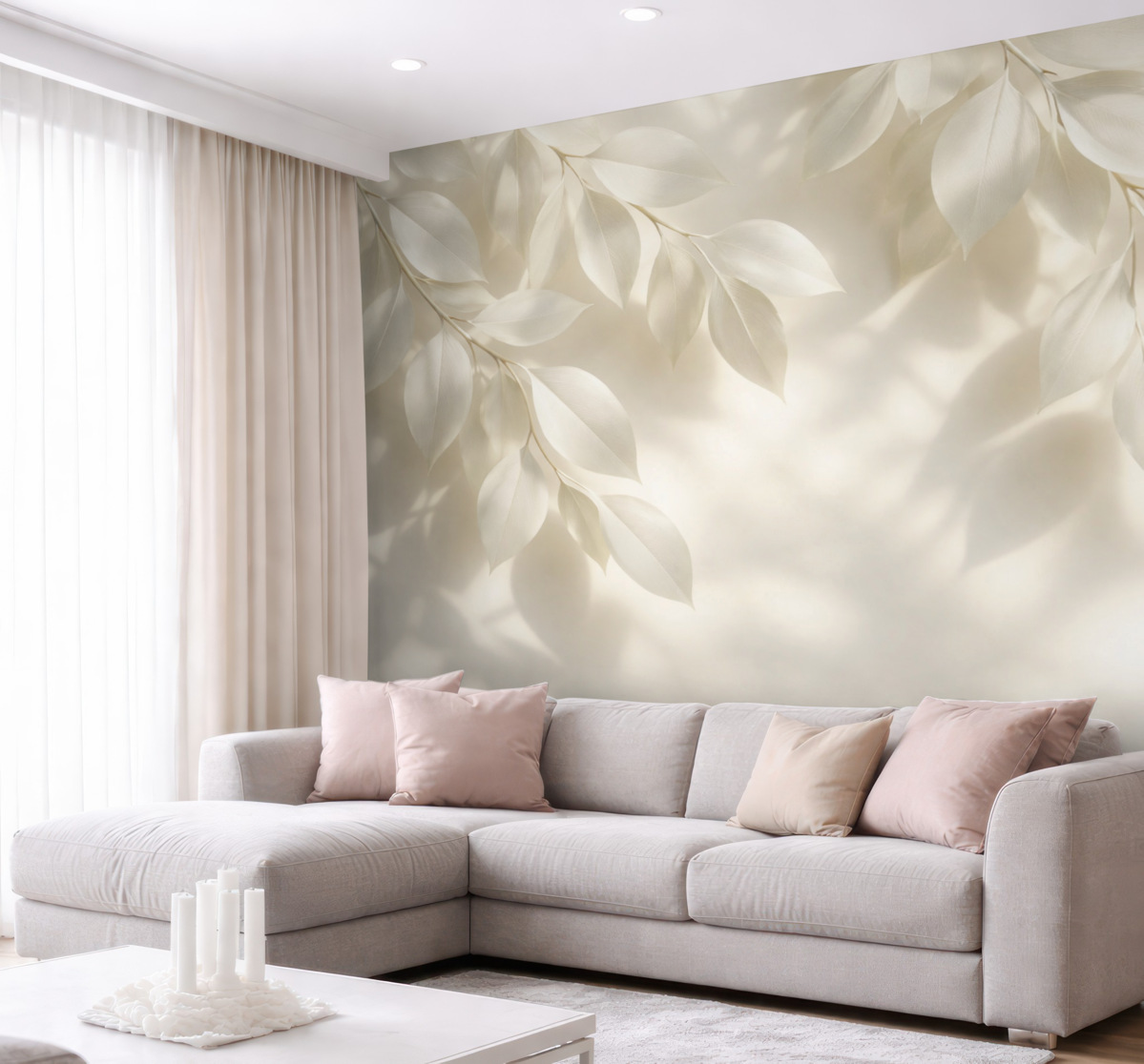 Fototapeta Zawieszone białe konary z liśćmi na ścianie z promieniami słońca.