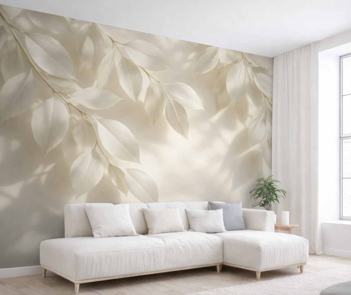 Fototapeta Zawieszone białe konary z liśćmi na ścianie z promieniami słońca.