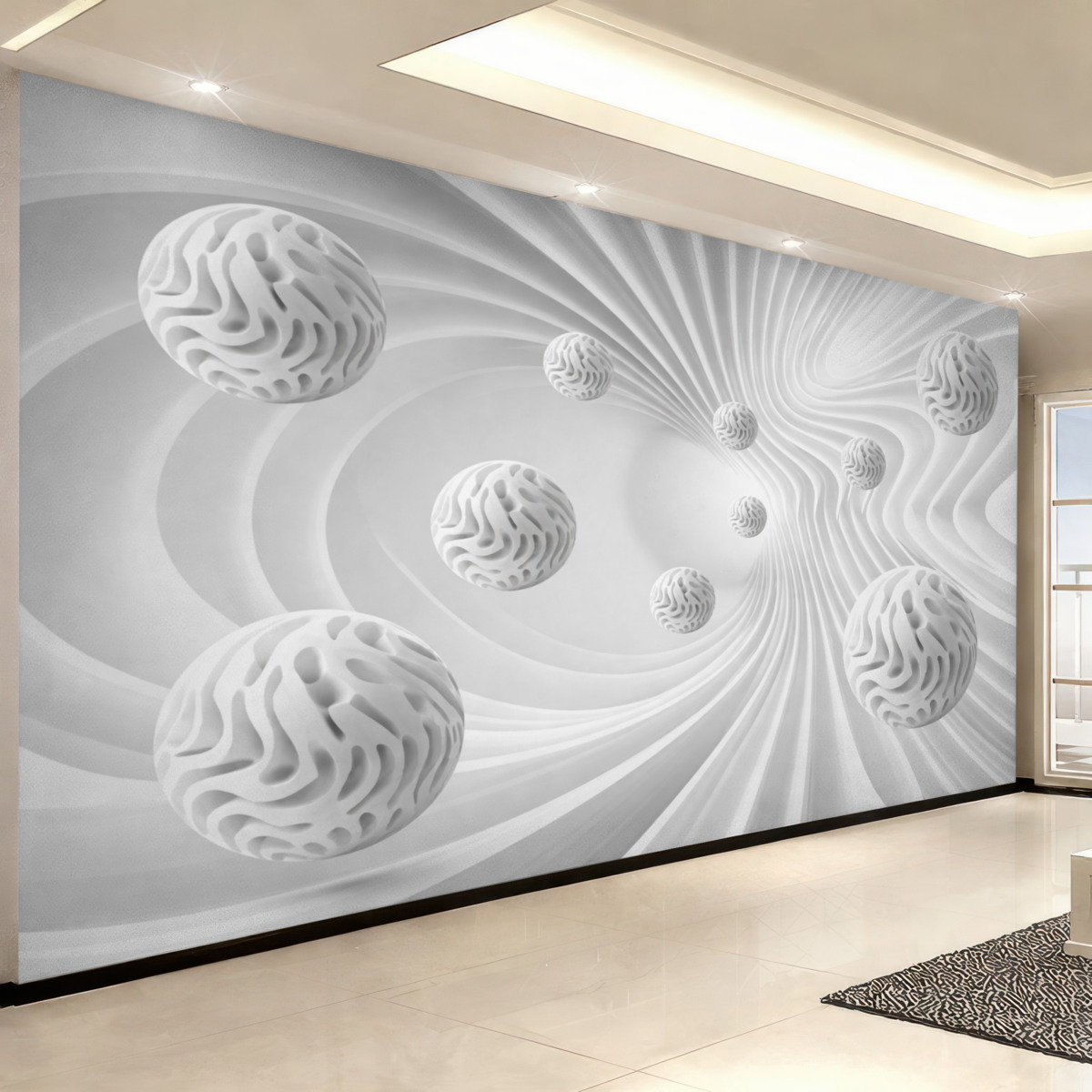 Fototapeta szara abstrakcja trójwymiarowa z kulami oraz efektem głębi