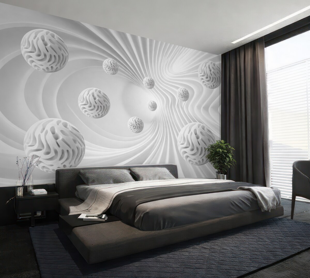 Fototapeta szara abstrakcja trójwymiarowa z kulami oraz efektem głębi