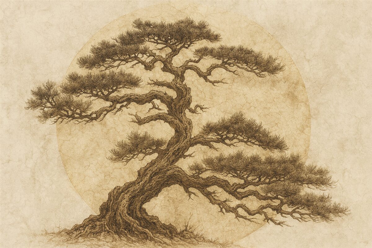 Fototapeta Japońskie drzewko bonsai oraz geometryczne tło grunge.