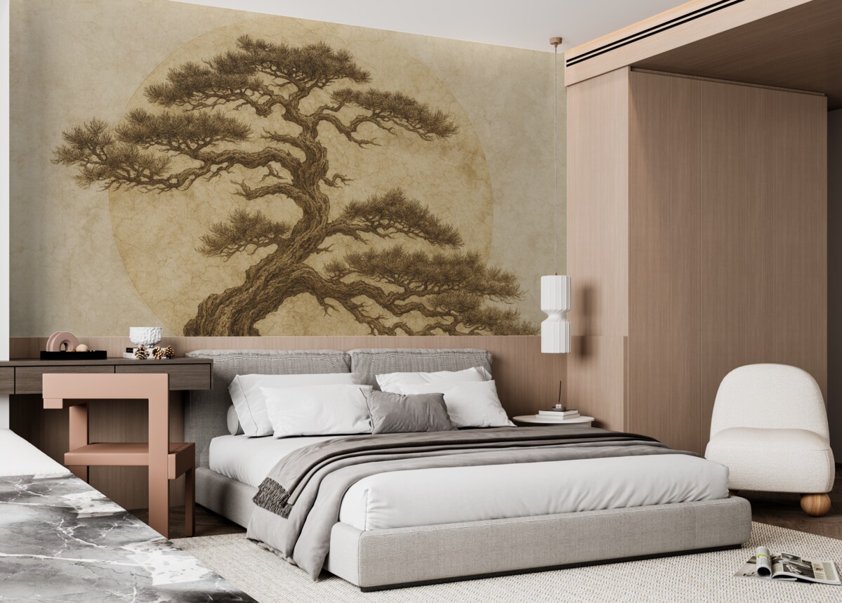 Fototapeta Japońskie drzewko bonsai oraz geometryczne tło grunge.