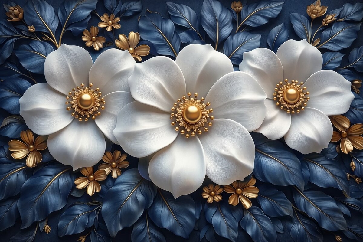 Fototapeta Wielkie białe kwiaty na stylowym niebieskim tle z zielenią.