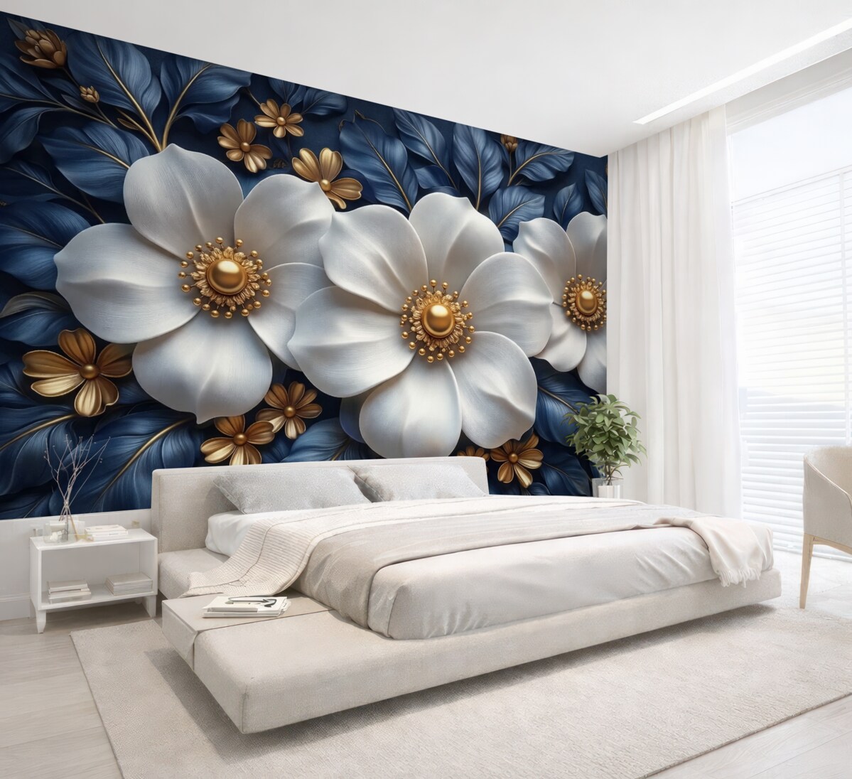 Fototapeta Wielkie białe kwiaty na stylowym niebieskim tle z zielenią.