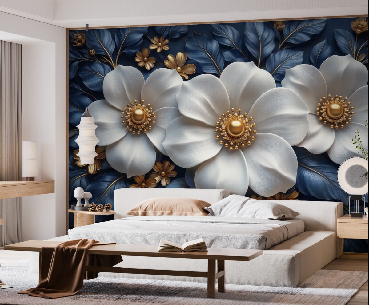 Fototapeta Wielkie białe kwiaty na stylowym niebieskim tle z zielenią.