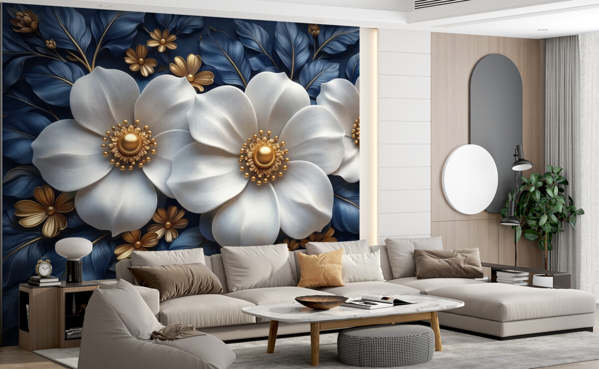 Fototapeta Wielkie białe kwiaty na stylowym niebieskim tle z zielenią.