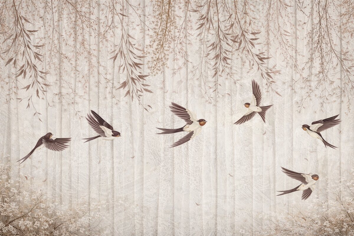 Fototapeta Ptaki w locie na wzorzystym tle z mlekami i kwiatami.