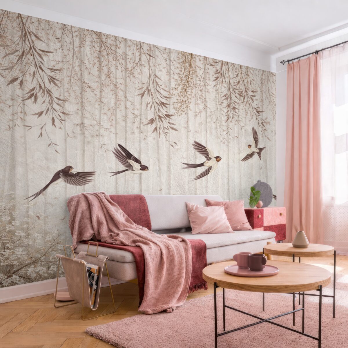 Fototapeta Ptaki w locie na wzorzystym tle z mlekami i kwiatami.