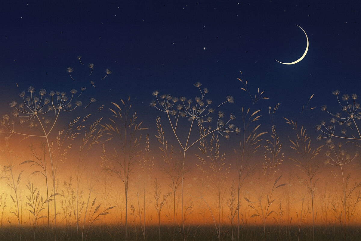 Fototapeta Mlecze z łąkowymi kwiatami na tle zachodu słońca z błękitnym niebem i miesiącem.