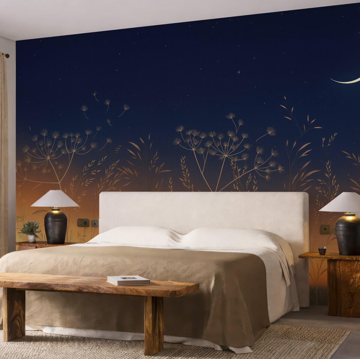 Fototapeta Mlecze z łąkowymi kwiatami na tle zachodu słońca z błękitnym niebem i miesiącem.