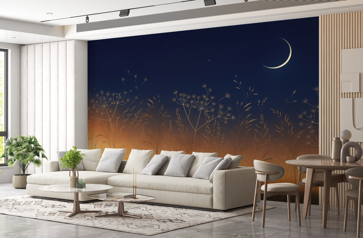 Fototapeta Mlecze z łąkowymi kwiatami na tle zachodu słońca z błękitnym niebem i miesiącem.