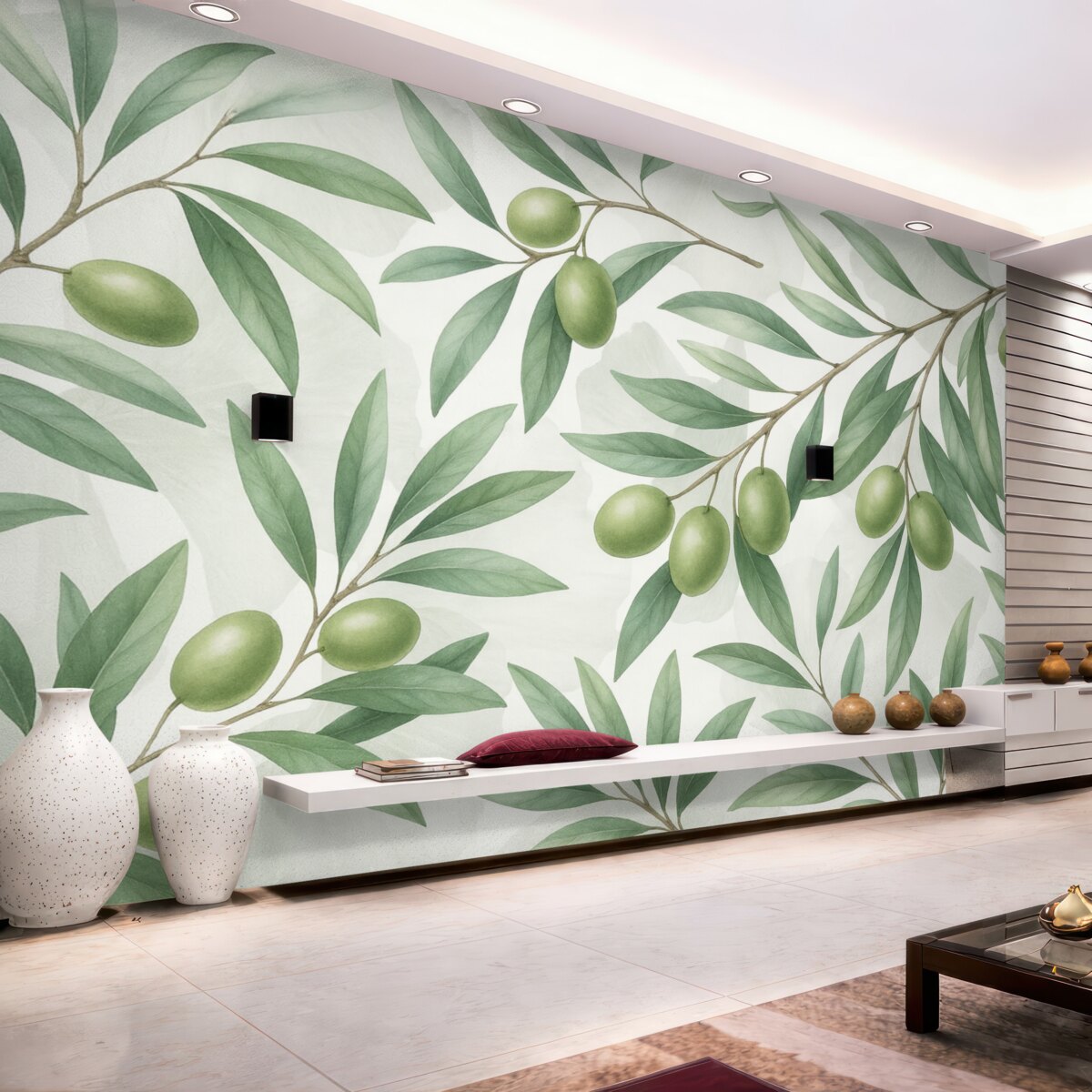 Fototapeta Gałązki oliwy z zielonymi liśćmi i owocami na jasnym tle.