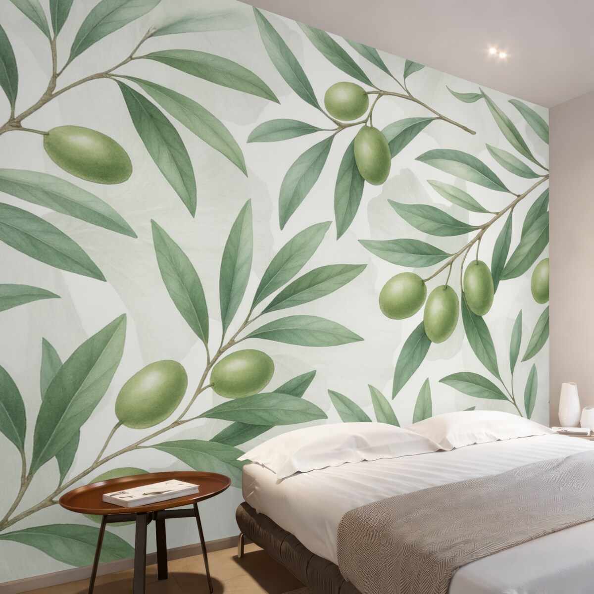 Fototapeta Gałązki oliwy z zielonymi liśćmi i owocami na jasnym tle.