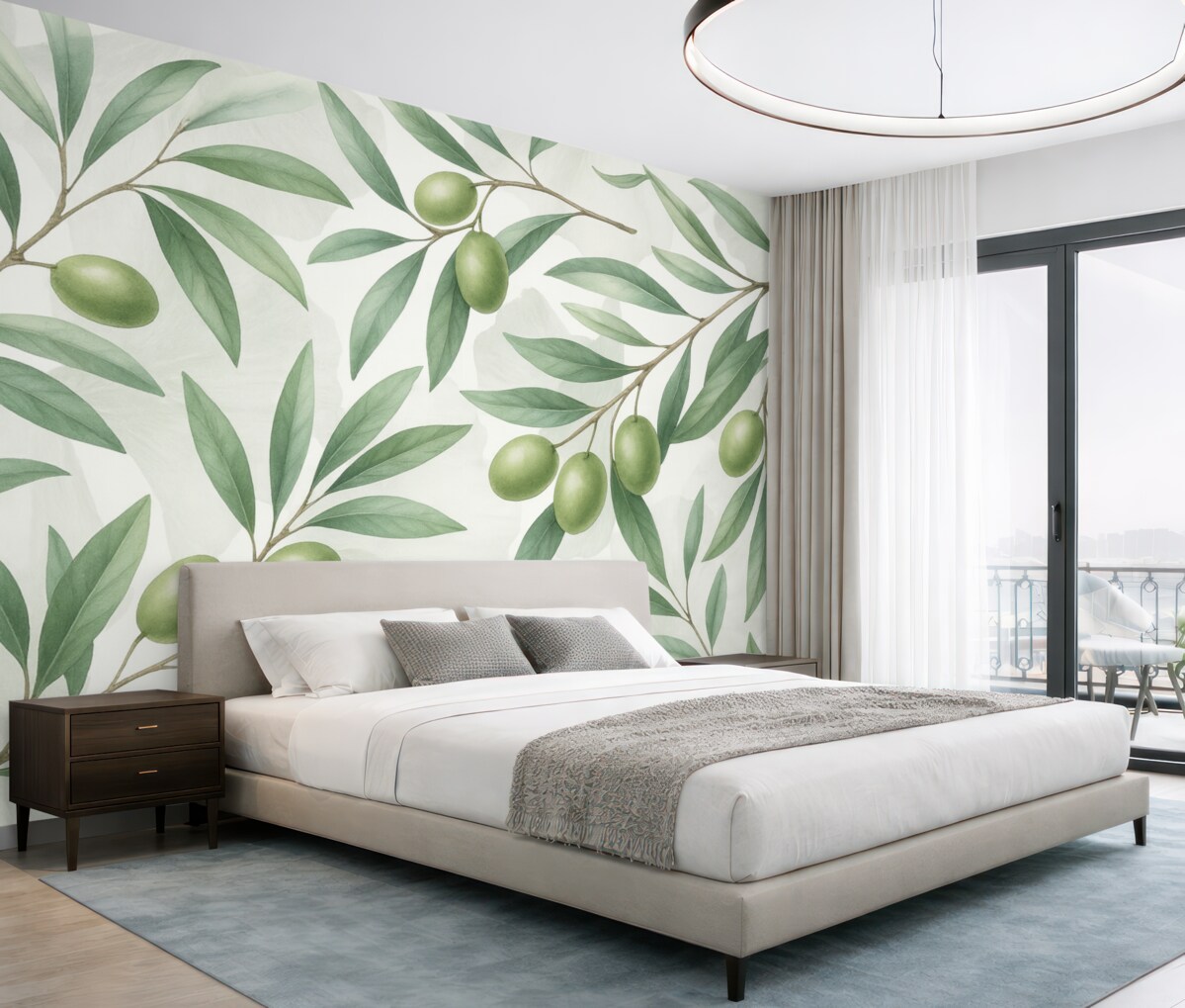 Fototapeta Gałązki oliwy z zielonymi liśćmi i owocami na jasnym tle.