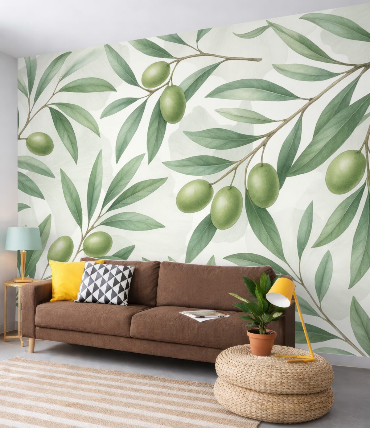 Fototapeta Gałązki oliwy z zielonymi liśćmi i owocami na jasnym tle.