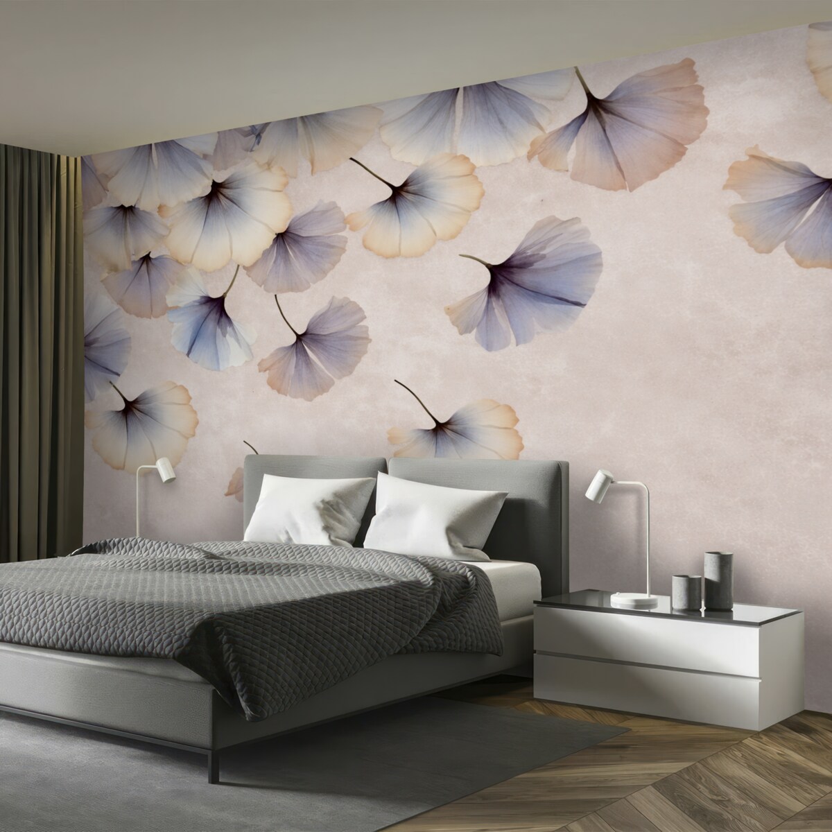 Fototapeta Pastelowe niebieskie i beżowe liście miłorzębu z subtelnymi płatkami unoszącymi się w powietrzu na fakturowanym tle.