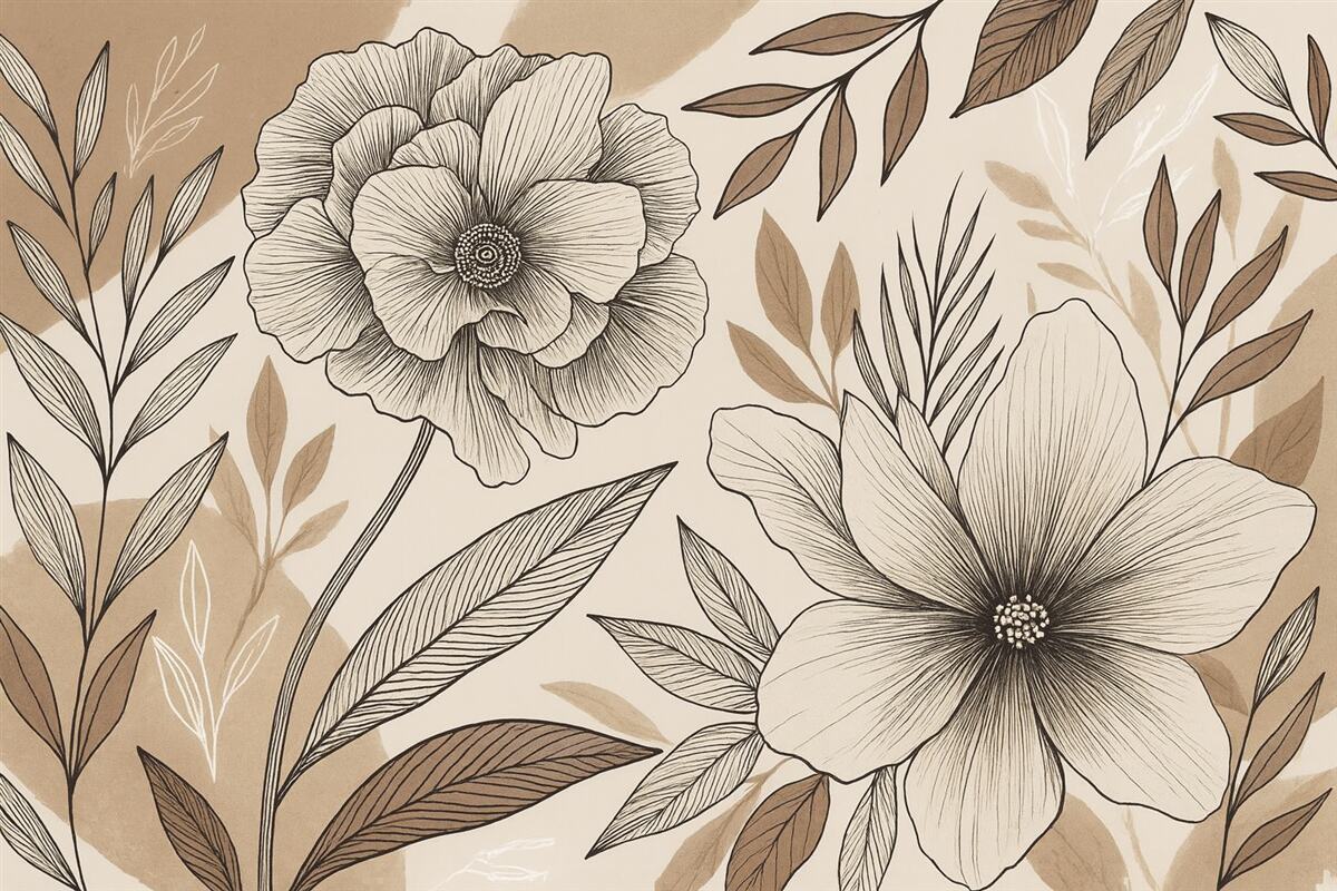 Fototapeta Duże czarno-białe kwiaty graficzne z dokładnymi liśćmi na beżowym abstrakcyjnym tle.