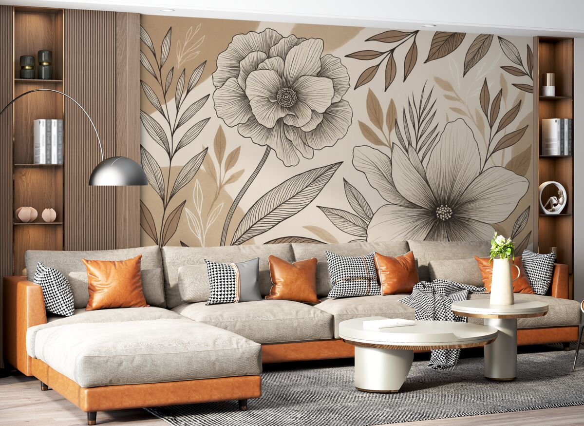 Fototapeta Duże czarno-białe kwiaty graficzne z dokładnymi liśćmi na beżowym abstrakcyjnym tle.