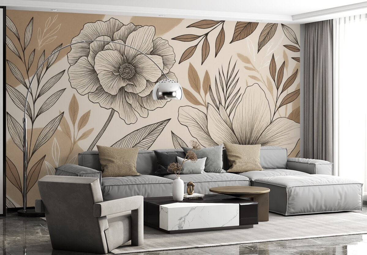 Fototapeta Duże czarno-białe kwiaty graficzne z dokładnymi liśćmi na beżowym abstrakcyjnym tle.